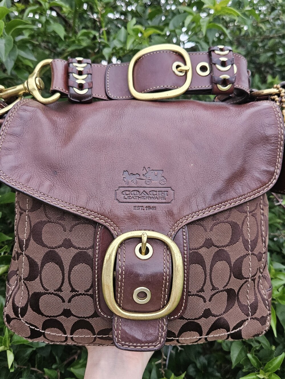 Coach Bleecker 11434 Chocolate Brown Signature Leather Flap Shoulder Bag Y2K